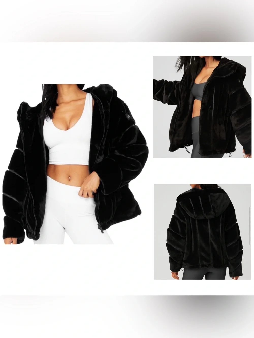 NEW ALO Yoga Black Faux-Fur Hooded Puffer Jacket Size XS